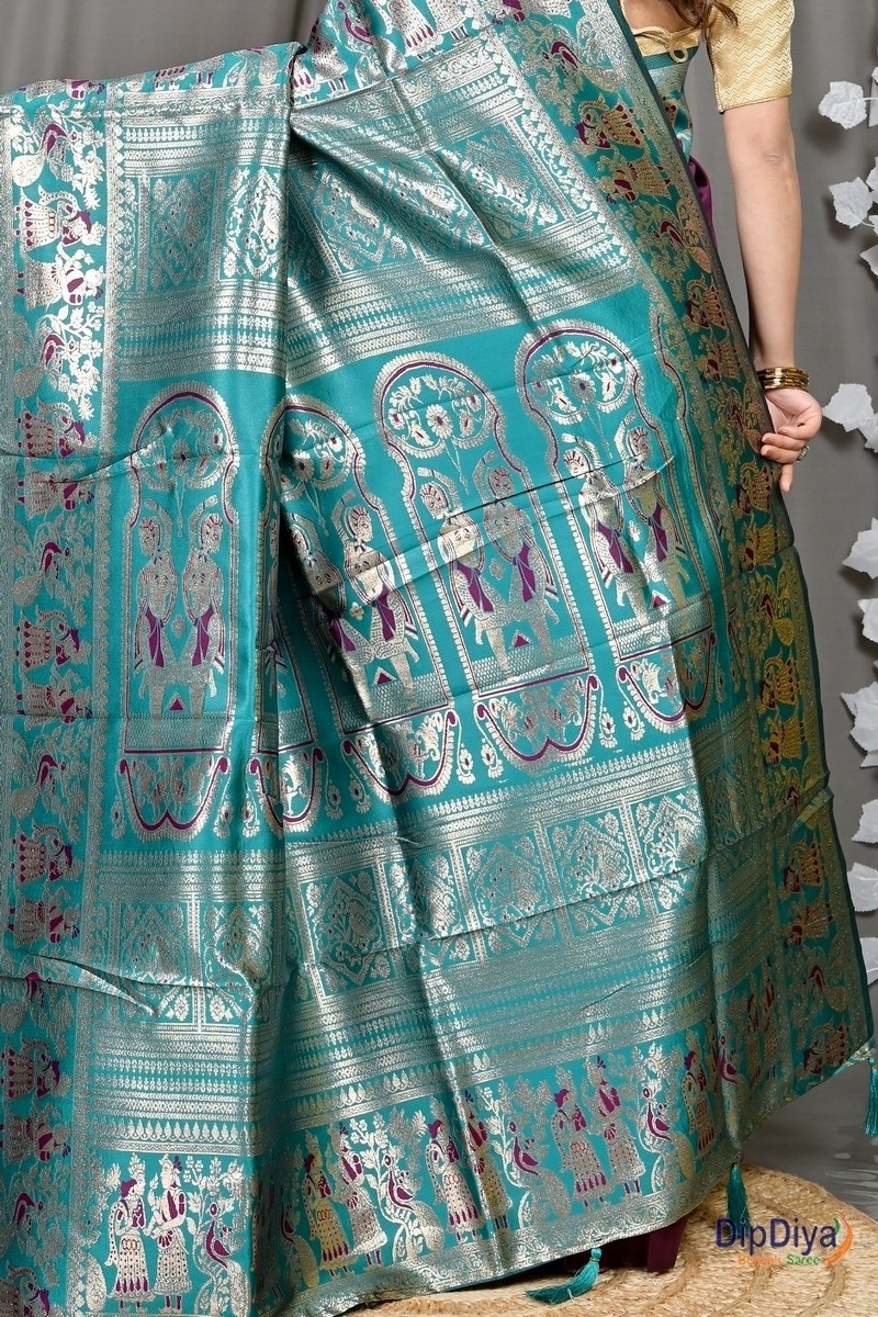 Violet Green Cotton Silk Parza Baluchari Saree (586)